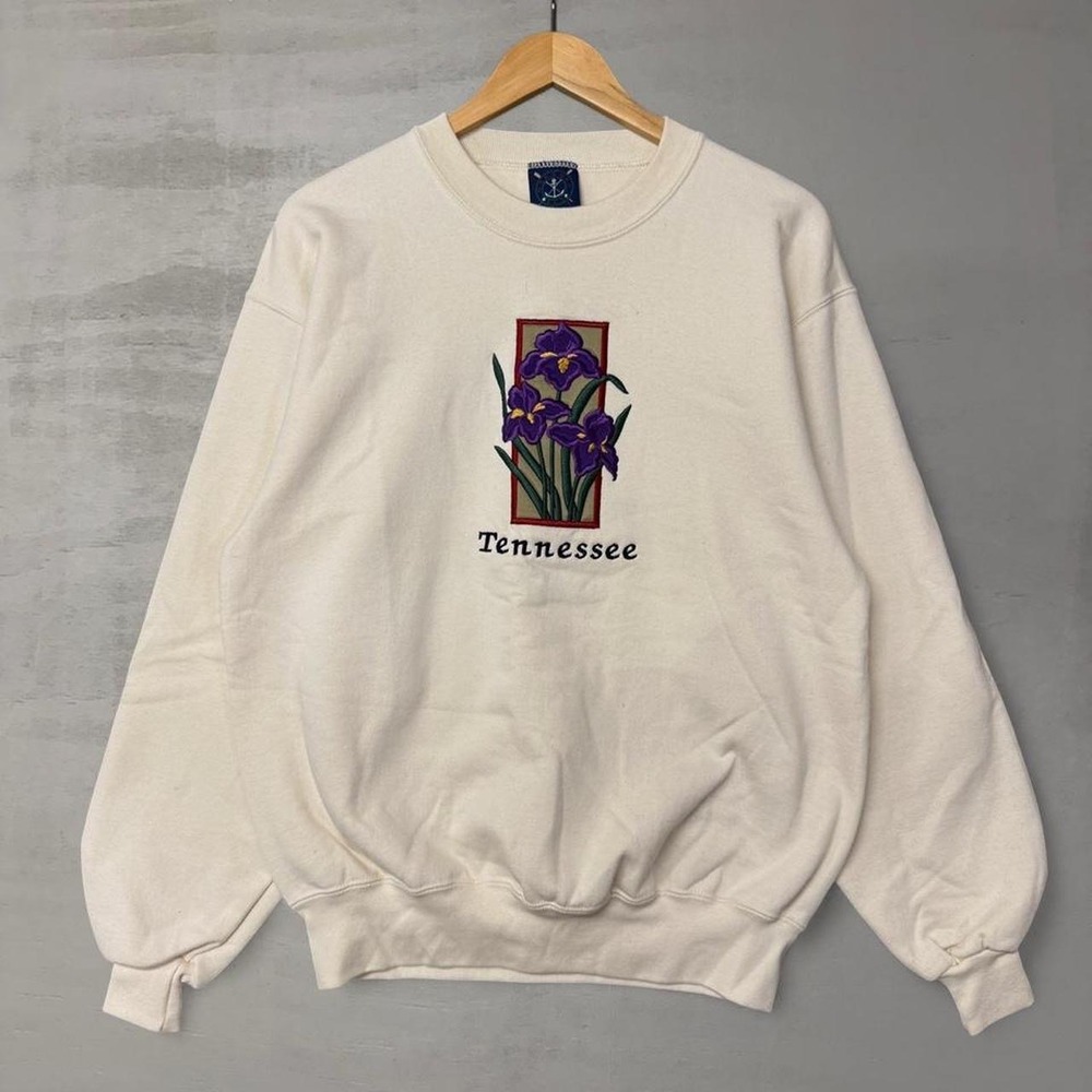 Vintage Oarsman Tennessee Sweatshirt Cream Floral Iris Embroidered XL